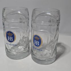 Pair of Hofbräuhaus HB München German Beer Steins 0.5L Dimple Glass Mugs with Handles

