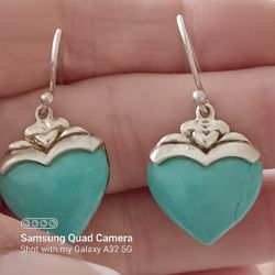 Sterling SILVER DESIGNER SALLY C TURQUOISE Heart Earrings 
