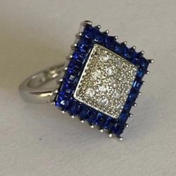 Art Deco Blue Faux Sapphire Vintage Silver Cluster Ring - Size 7