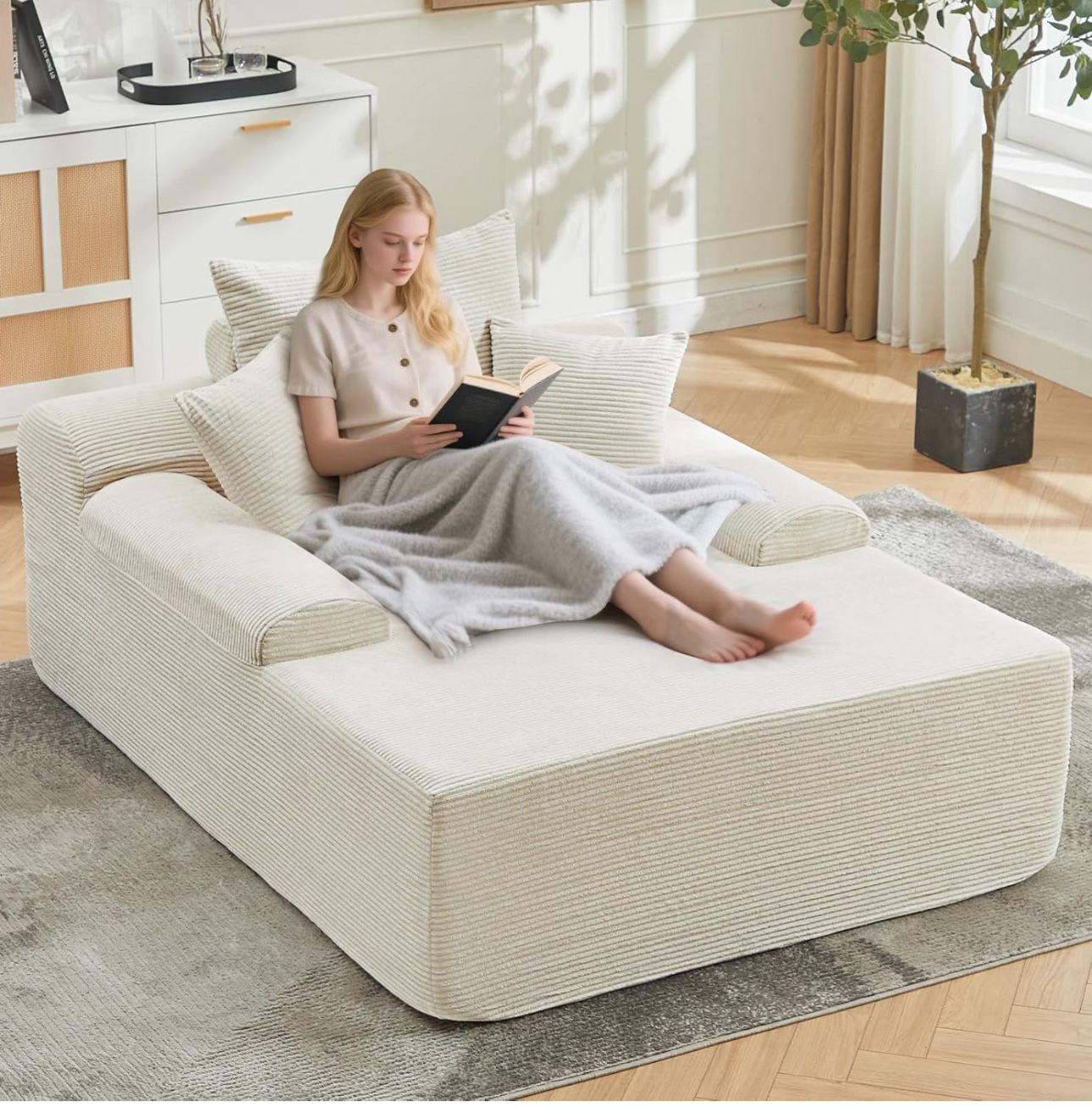 Chaise Lounge Chair Indoor, Corduroy Upholstered Boneless Sofa Bed Couch with Round-Edge Armrests and 3 Pillows, Cloud Sleeper Sofa Chair Couches for