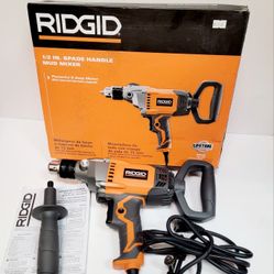 RIDGID mud mixer/drill, perfect for those bigger jobs. Has a 9 Amp motor and 1/2 inch spade handle design for good control. Great for mixing mortar or