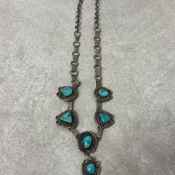 925 Sterling Silver Antique Turquoise Stone Necklace 