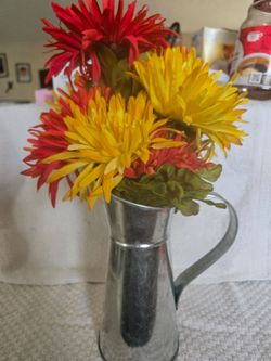 Galvanized Metal Pitcher with Artificial Flowers