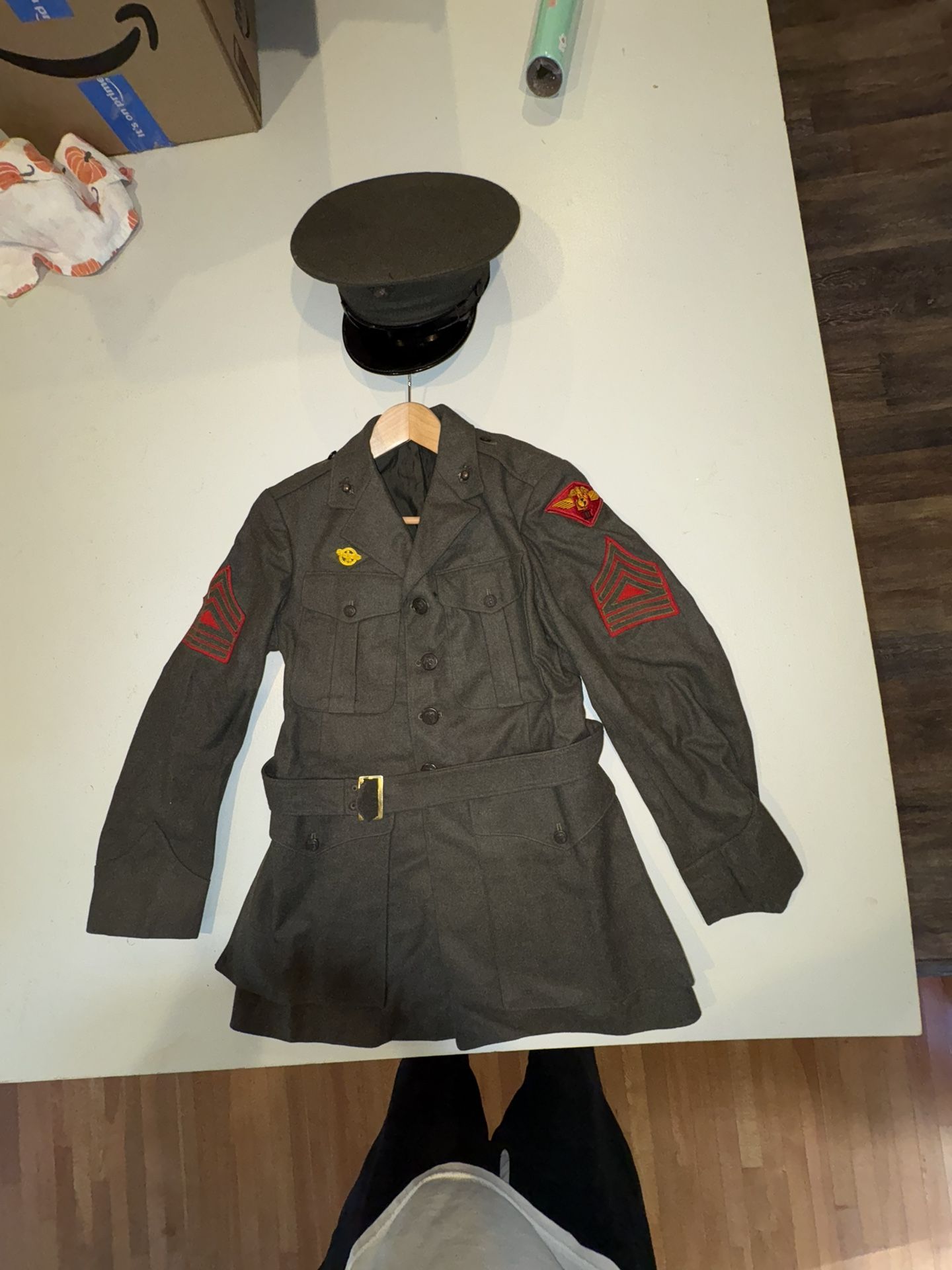 Vintage United States, Marine Corps, Master Sergeant green dress jacket w/ belt & service cap I think it’s a large can’t find a tag