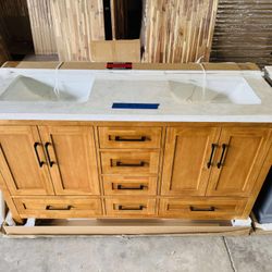 60” Brand New Bathroom Vanity in Teak color, Soft Close Solid Wood with Top in White  $915 