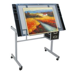 ZENY Drawing table with wheels with storage drawers, adjustable glass table, drawing table for crafts, hobby table for painting, drawing, crafts