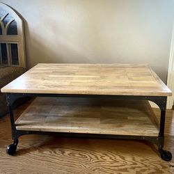Refinished Wood Metal Rolling Coffee Table 