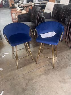 26 Inch Set of 2 Metal Outdoor Bar Stool, with Cushion + Golden Leg Simple Bar Stool, BLUE