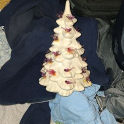 Vintage Porcelain Christmas Tree With Purple And Red Birds 