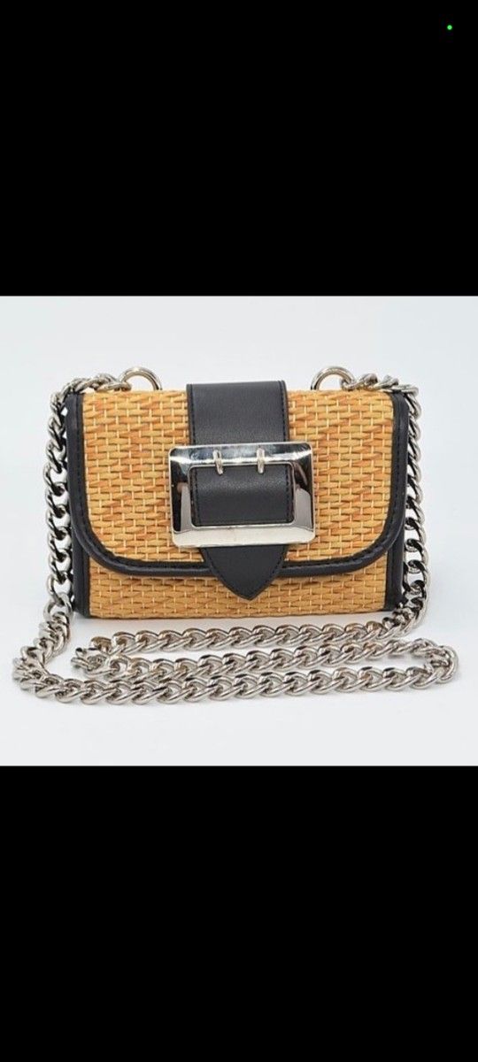 Tan Black Side Bag, With Thick Silver Chain Side Strap