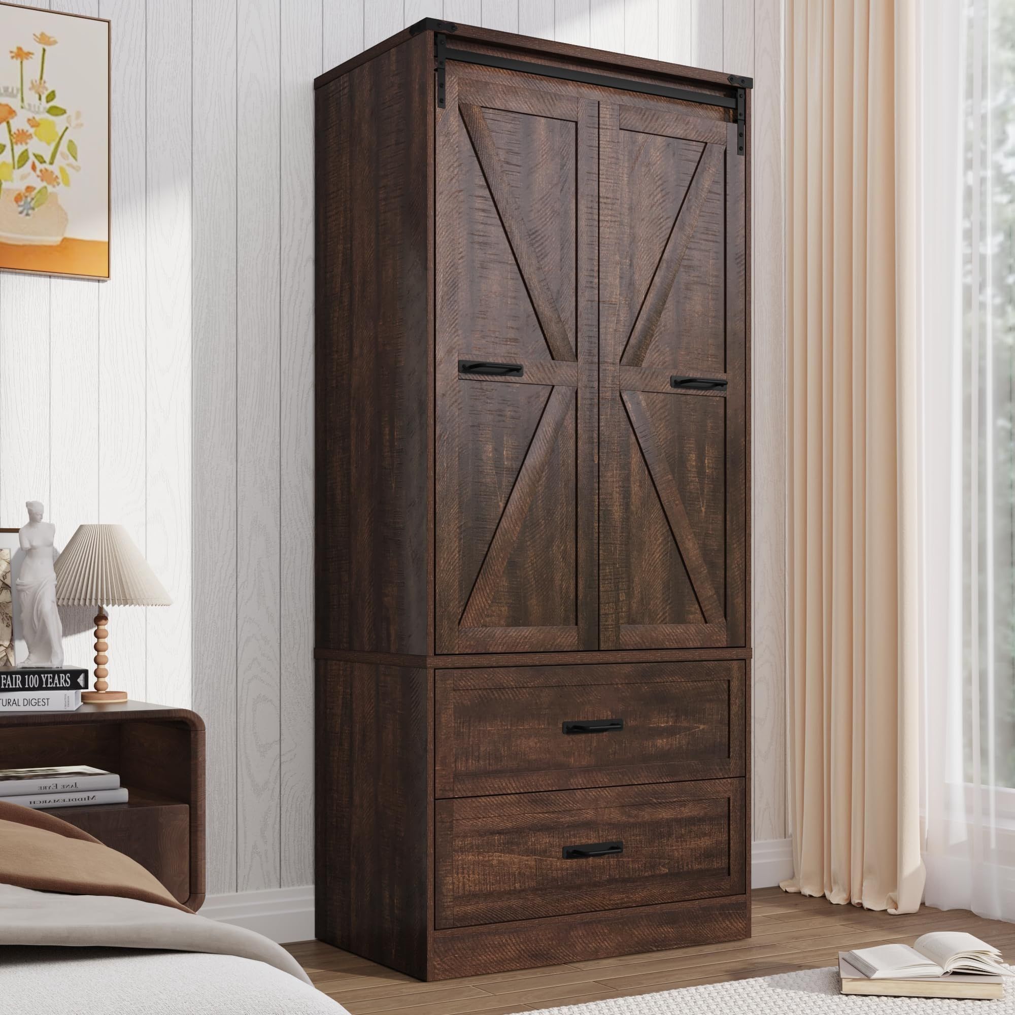 Farmhouse 2 Doors Armoire Wardrobe Closet w/Folding Sliding Barn Door and Lights, LED Armoire Closet w/Drawers for Bedroom, Freestanding Wooden Wardro