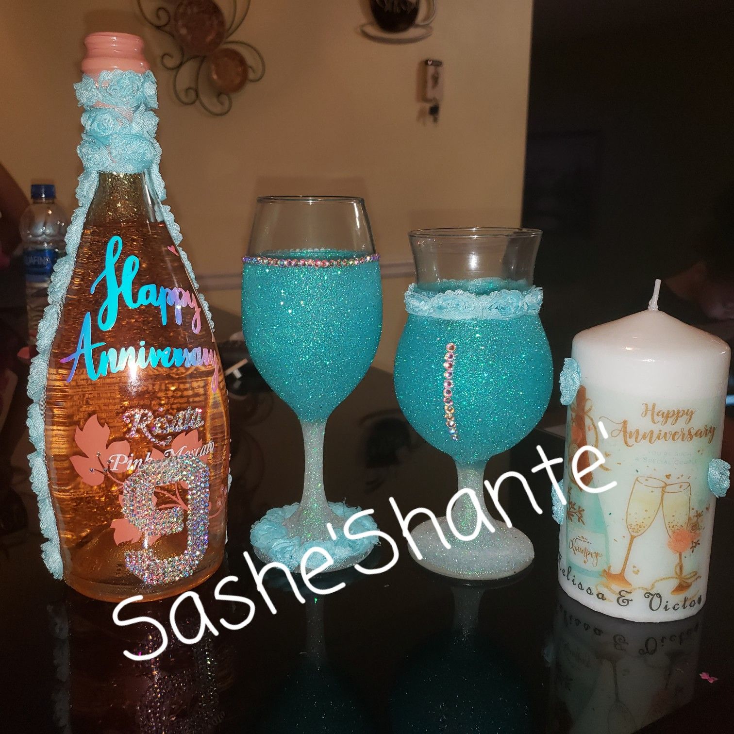 Custom bottle, glass and candle set