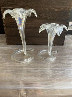 Set of 2 Vintage Hand Blown Bud Vases Iridescent Art Glass