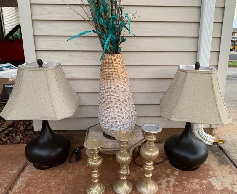 2 lamps, big vase step stool and 3 candle holders