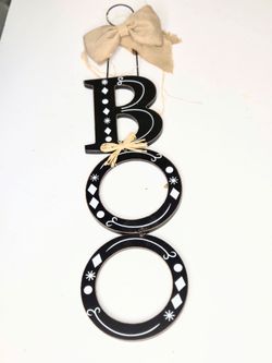 Halloween Boo Wood Wall Hanging Decor Black White Burlap Bow Rustic Farmhouse