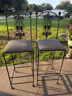Wrought Iron Bar Stools with Upholstered Seats – Set of 2