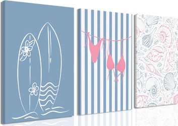 New 3-Piece Beach Canvas Wall Art – Blue & Pink – 12×16”