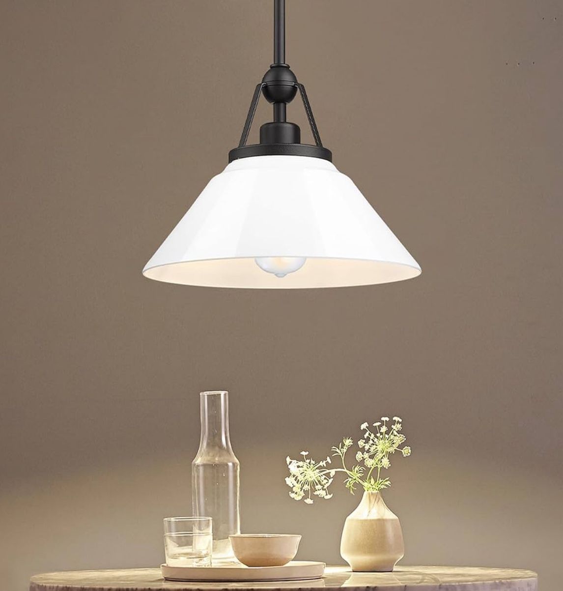 White Pendant Light Fixture, HWH Modern Kitchen Island Light Fixtures 12 Inch, 1-Light Hanging Lighting for Dinning Room Schoolhouse, Black Metal and 