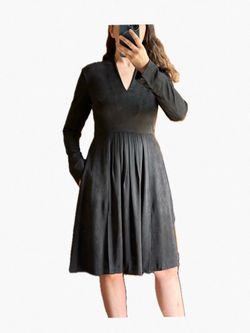 Catherine Malandrino Black Faux Suede Pleated Midi Dress V Neck Pockets Witchy 2