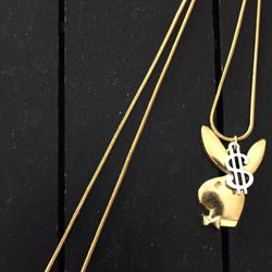 (16, 18”, 20” or 22”)18K Gold Plated Necklace with Playboy Bunny Pendant and Stainless Steel Dollar Sign
