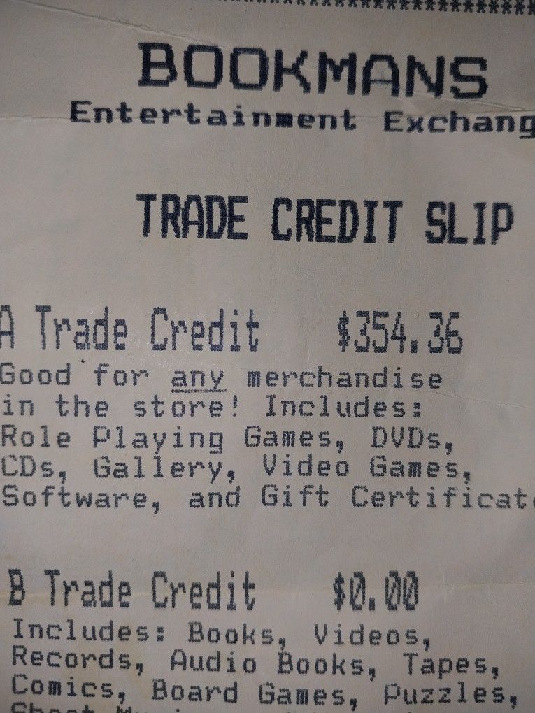 Bookmans Trade Credit In The Amount Of $354.00