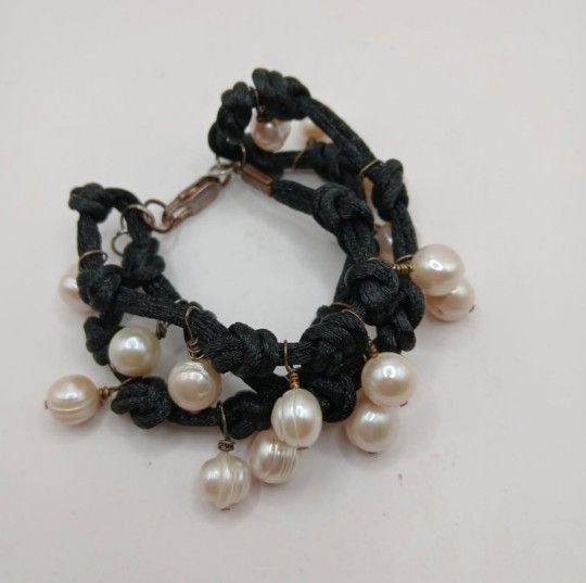 STERLING SILVER PEARL KNOTTED CORD BRACELET