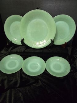 Fire-King Green Milk Glass Pressed Glass Plates Set, Glossy, Vintage, Round