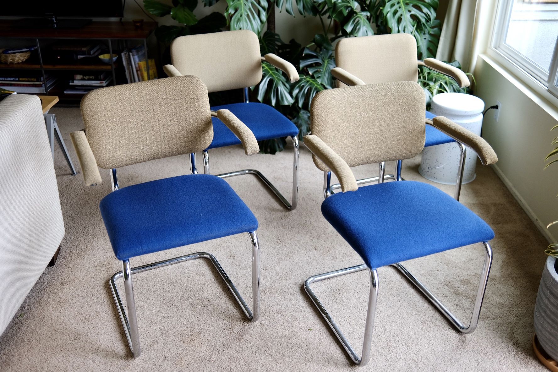 Marcel Breuer Cesca Upholstered Dining Armchair Tan Blue By Knoll ;DWR CB2 Crate & Barrel Coastal Bauhaus Mid Century Modern MCM Scandinavians