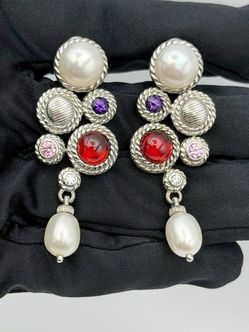Judith Ripka Thailand Drop Earrings Pearl Amethyst Garnet Sterling Silver CZ
