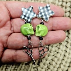 OOAK Handmade Black and White Gingham Stars Lime Green Skulls Scissors Earrings