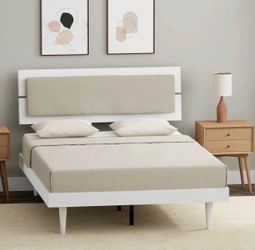 ‼️Full Wooden Bed with Taupe Cushion White‼️