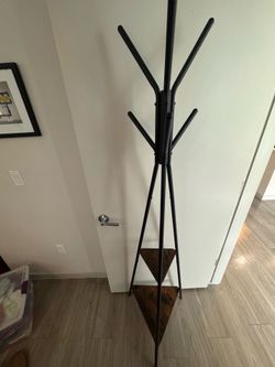 Black Metal Coat Rack with Wood Shelves