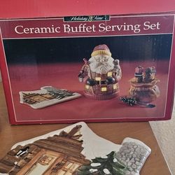 Holiday Time Ceramic Buffet Serving Set Santa Cabin Tealight & Spreaders