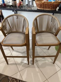 Set of 2 Rattan Bar Stools with Arms