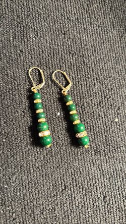 Green Beaded Drop Earrings with Gold Accents