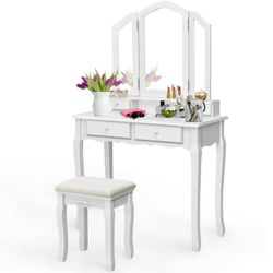 Vanity Set with Folding Mirror and 4 Drawers, Makeup Dressing Table with Cushioned Stool for Girls and Women, White