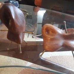 Mid Century Modern Original One Of A Kind Vintage Sculptures Biomorphic Shapes Wood And Brass Pair