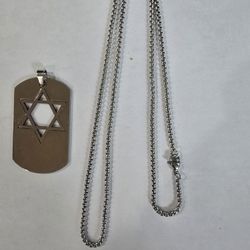 STAR OF DAVID DOG TAG QUALITY SHINY STAINLESS STEEL EXTRA LONG SNAKE CHAIN RARE