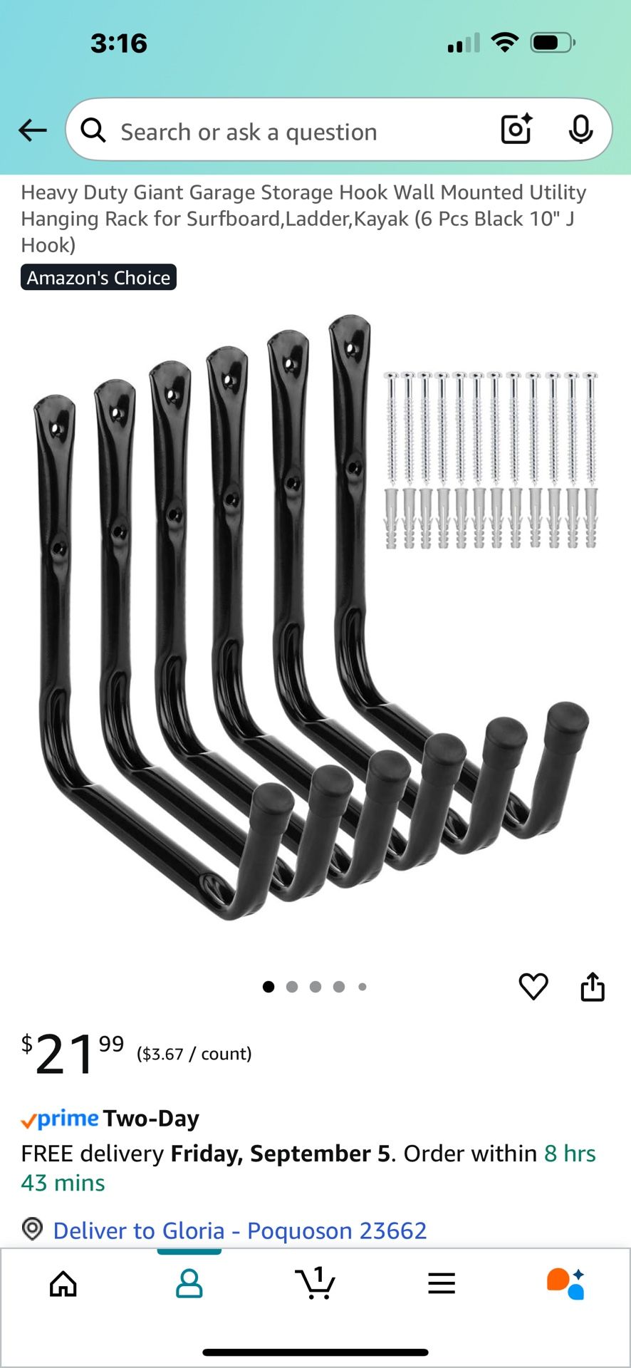 $10-Heavy Duty Giant Garage Storage Hook Wall Mounted Utility Hanging Rack for Surfboard, Ladder, Kayak (6 Pcs Black 10" J Hook)’