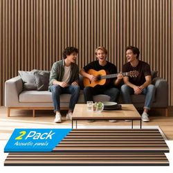 Wood Panels for Wall 2 Pieces Soundproof Wood Slat Wall Panel for Interior Wall Cancelling, Acoustic Wall Panels, Sound Absorbing Panel (Teak)