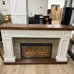 60" Landscape Electric Fireplace with Mantel, Solid Wood Modern Entertainment Center TV Stand, Replaceable 30" Fireplace Insert Heater, for Living Roo