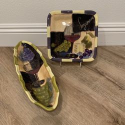 NEW-Two Wine Design Serving Plates With One Stand