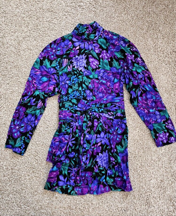 Maggy London '80s VTG Women's Long Sleeve Purple Green Floral Silk Dress Sz 10