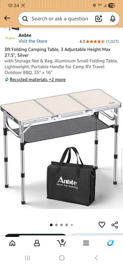 3ft Folding Camping Table, 3 Adjustable Height Max 27.5", Silver
with Storage Net & Bag, Aluminum Small Folding Table, Lightweight, Portable Handle fo