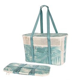 ALOHA Collection CleverMade Collapsible Beach Tote Bag Teal With Palm Print NWT