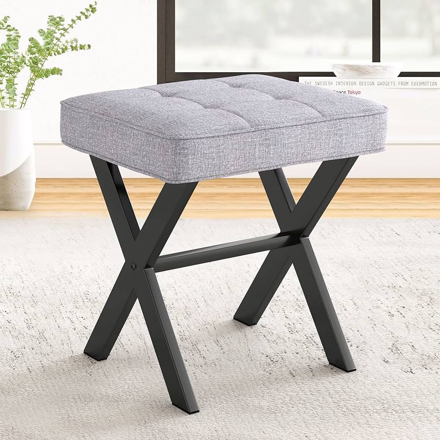 Vanity Stool, Square Linen Makeup Stool with Metal X Legs, Small Ottoman Stool Chair for Vanity, Modern Padded Vanity Seat Foot Rest Stool for Makeup