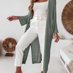 NEW! Long Sleeve Open Front Cardigan Lightweight Knit Loose Split Crochet Floor Length Sweater (one size-grass green)