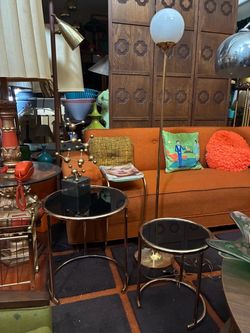 80s Vintage postmodern Eileen Gray style stacked brass tables with smoked glass
