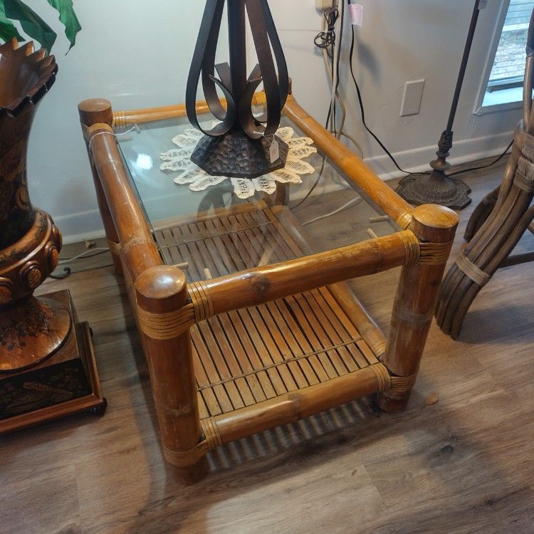 Gorgeous Bamboo Side Table With Glass Top And Leather Wrap 