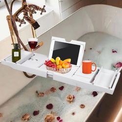 Homemaid Living Luxury Bamboo Bath Tray for Bathtub - Expandable Bathroom Tray with Reading Rack or Tablet Holder, Premium Bath Tray with Wine Glass H